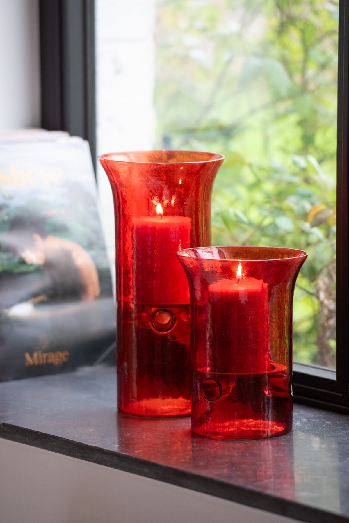 Set Van Drie Kaarshouder Bord Glas/Metaal Rood