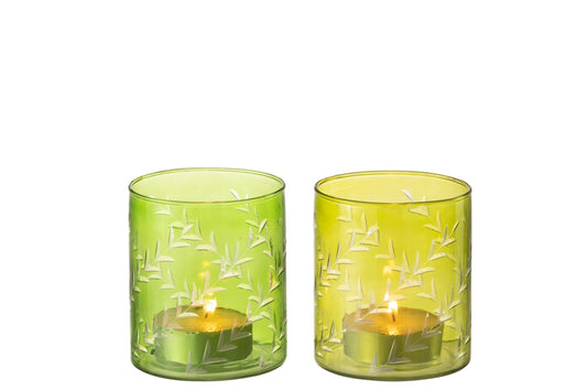 Theelichthouder Bladeren Glas Groen Large Assortiment Van Twee