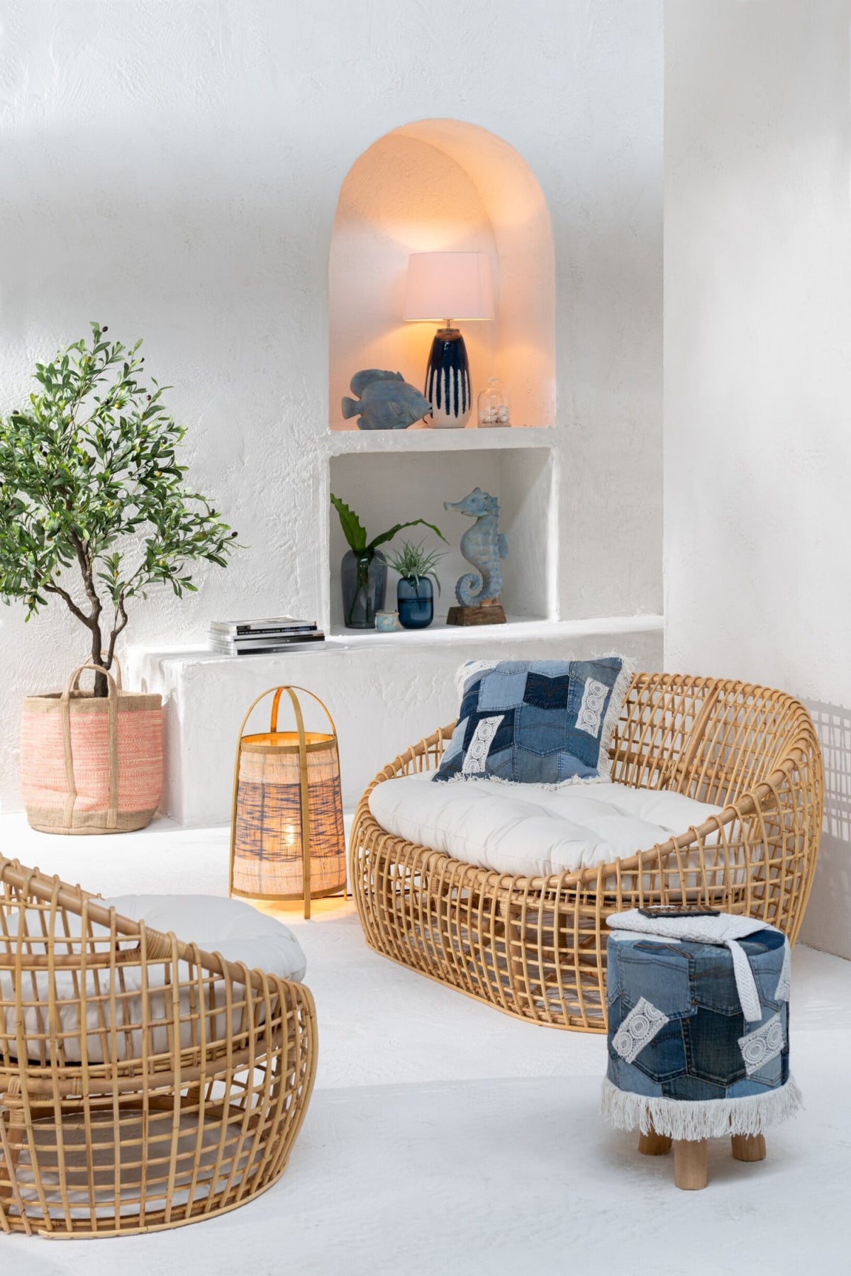 Chair Lise+Cushion 1 Person Rattan/Textile Natural/White