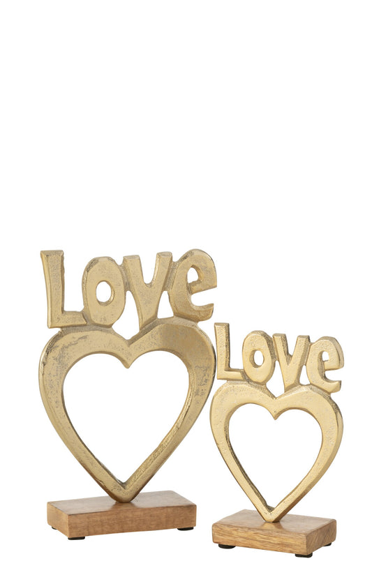 Love Heart On Base Aluminium/Wood Gold Large