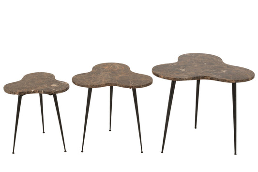 Set Of 3 Side Tables Bee Marble/Metal Brown/Black