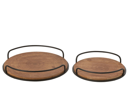 Set van 2 dienbladen rond MDF/ijzer naturel/zwart