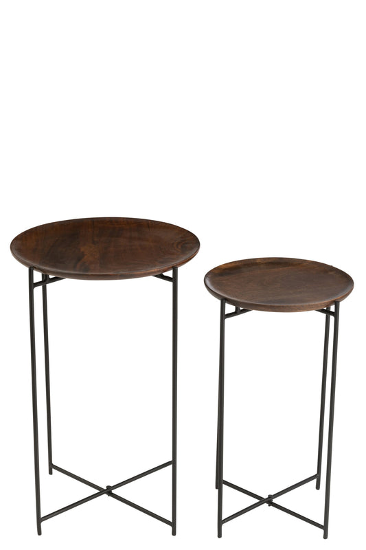 Set Of 2 Side Tables Round Iron/Mango Wood Brown/Black