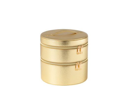 Round cosmetic box + mirror faux leather gold