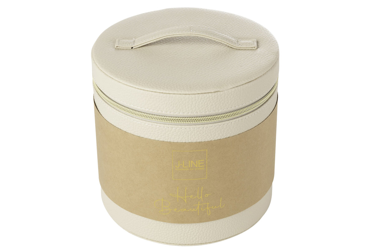 Round cosmetic box + mirror faux leather beige