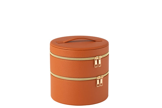 Round cosmetic box + mirror faux leather cognac