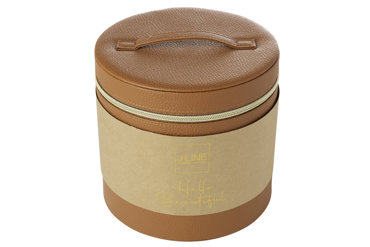 Round cosmetic box + mirror faux leather cognac