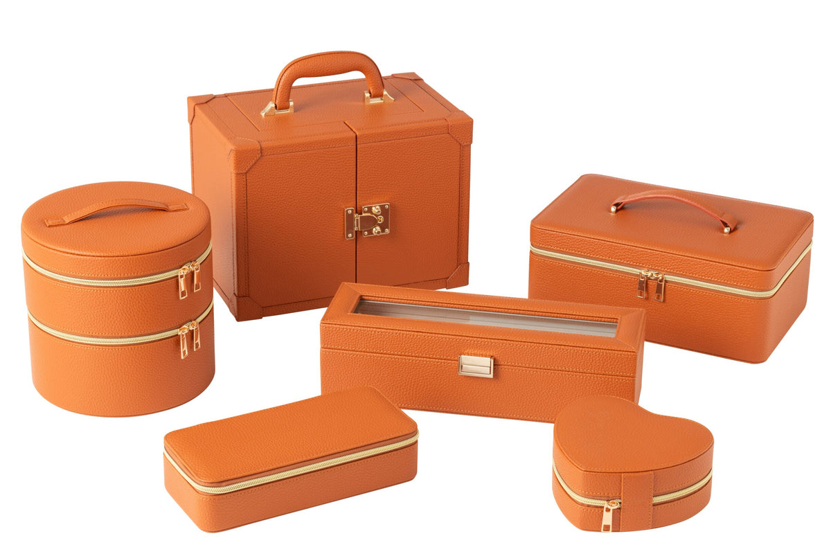 Jewelry case with handle faux leather cognac