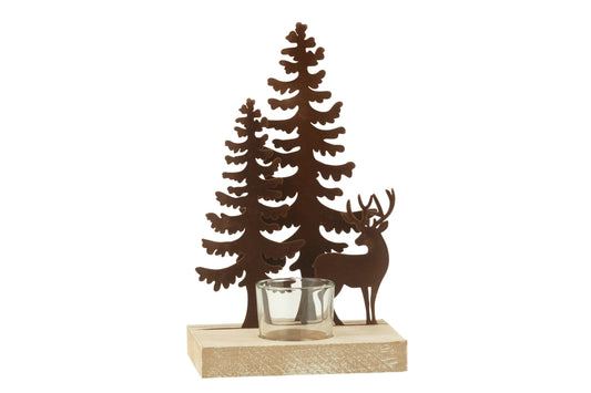 Theelichthouder 1 Stuk Rendieren Bomen Metaal/Hout Bruin