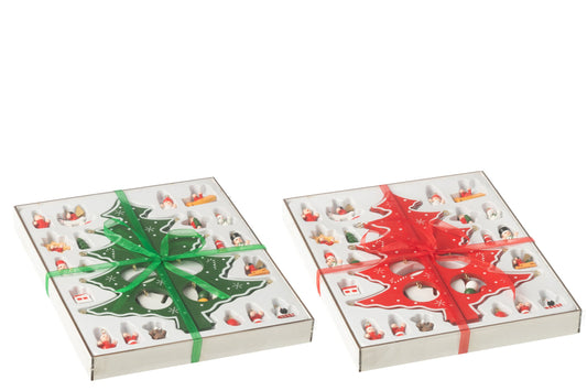 Xmas Tree+Figurines Foldable Wood Red/Green Assortment Of 2