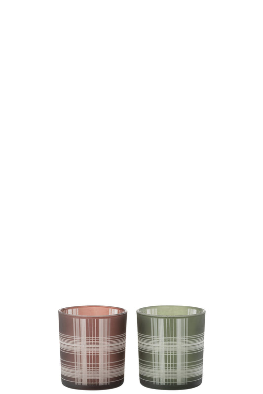 T-Lichthouder Geruit Glas Mat Bruin/Groen Small Assortiment Van 2