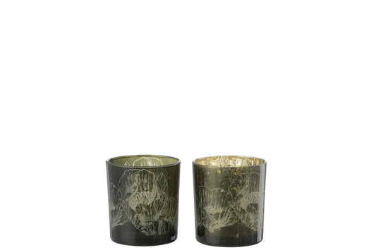 T-Lichthouder Bloemen Glas Kaki Groen/Antiek Kaki Groen Small Assortiment Van 2