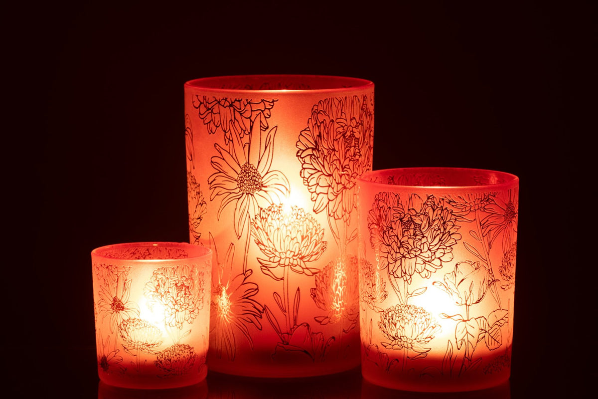 Windlicht Bloemen Glas Mat Rood/Goud Large