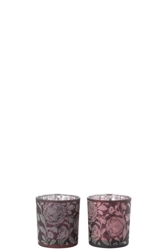 T-Lichthouder Bloemen Glas Mat Paars Mix/Zilver Small Assortiment Van 2