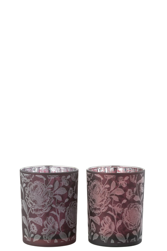 Windlicht Bloemen Glas Mat Paars Mix/Zilver Medium Assortiment Van 2