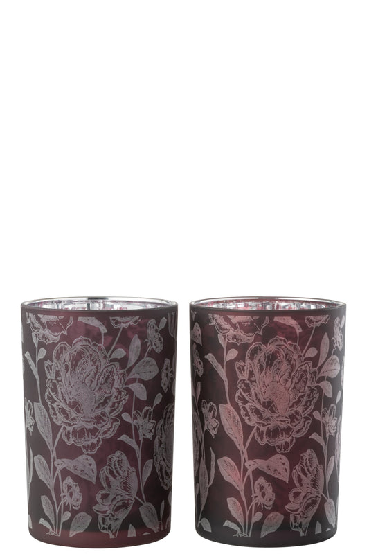 Windlicht Bloemen Glas Mat Paars Mix/Zilver Large Assortiment Van 2