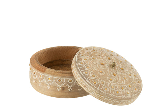 Doos + deksel kralen rond mango hout naturel/wit klein