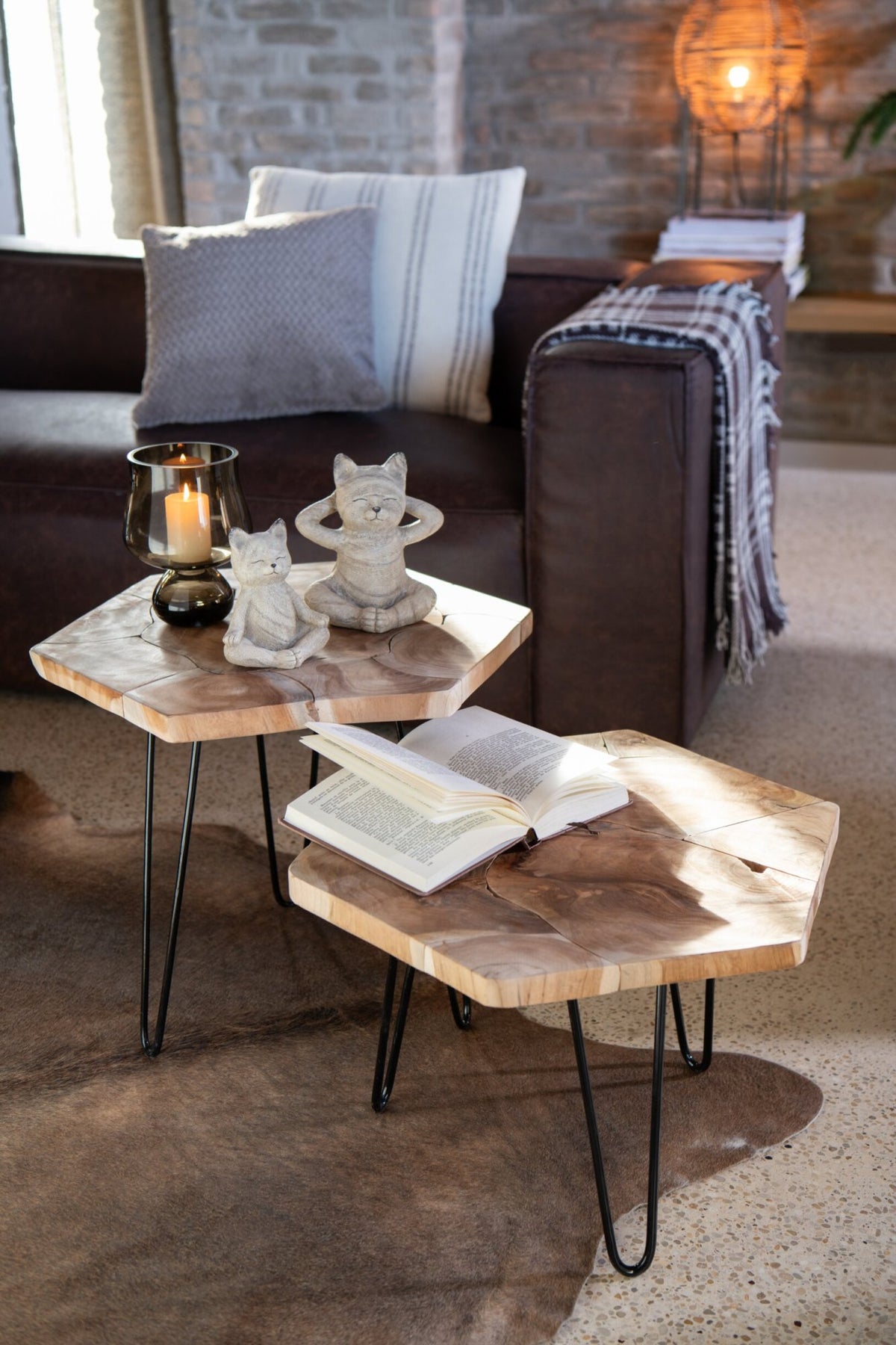 Set Of 2 Side Table Hexagone Teak Wood/Metal Natural