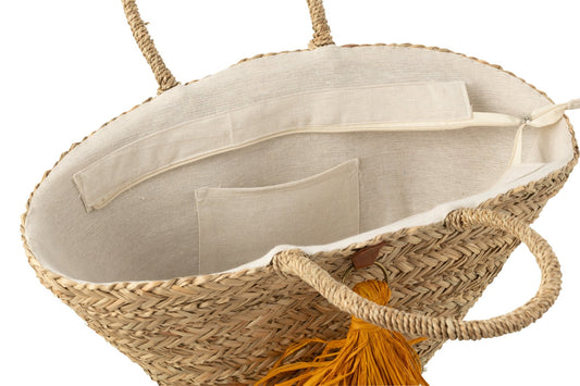 Strandtas kwastjes zeegras/raffia naturel/oker