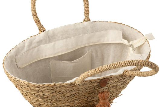 Strandtas kwastjes zeegras/raffia naturel/bruin