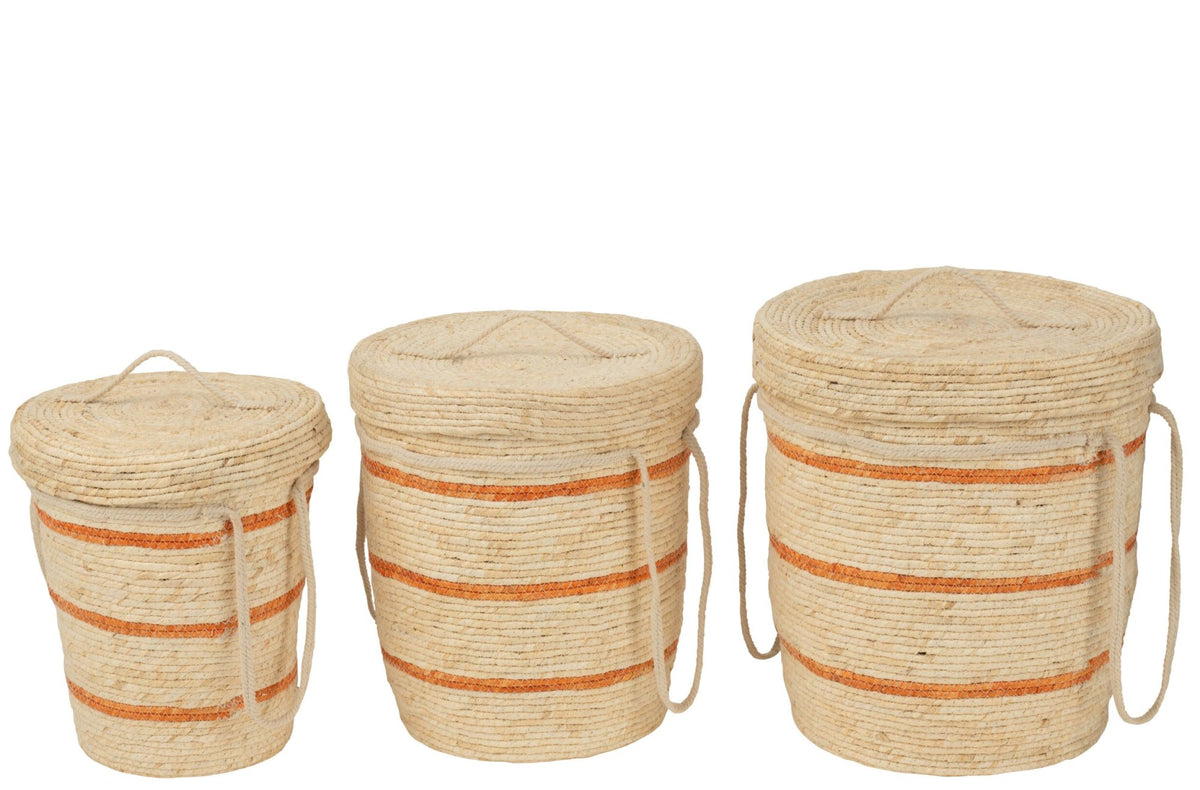 Set van 3 mand strepen + deksel maïs blad naturel/oranje