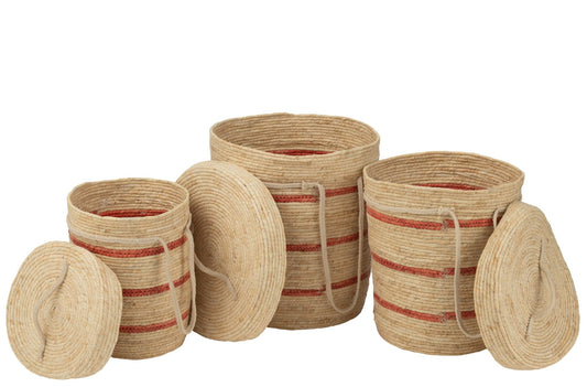 Lot de 3 paniers rayés + couvercle en feuille de maïs naturel/rouge