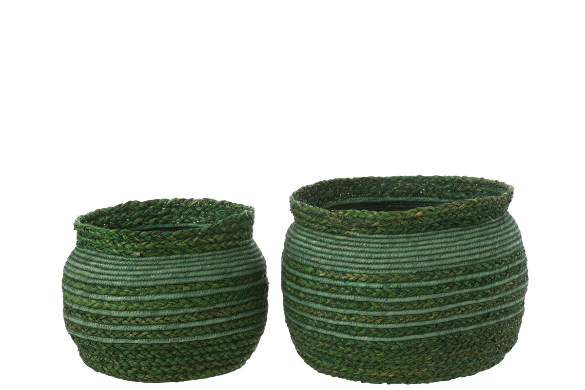Set of 2 baskets with woven seagrass rim, green