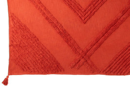 Plaid Tufted Pattern+Tassels Cotton Brick Red