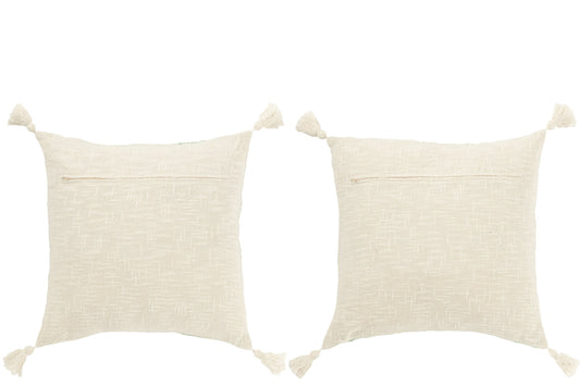 Cushion Square Stripes+Tassels Cotton White/Green Assortment Of 2