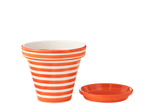 Flowerpot+Plate Granada Stripes Handmade/Handpainted Ceramic Orange/White Large