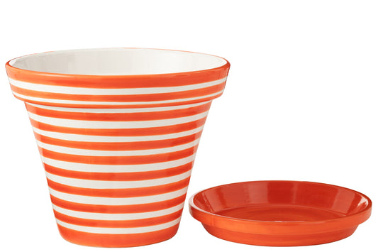 Flowerpot+Plate Granada Stripes Handmade/Handpainted Ceramic Orange/White Extra Large