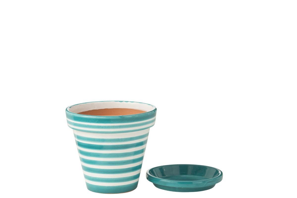 Flowerpot+Plate Granada Stripes Handmade/Handpainted Ceramic Aqua/White Medium