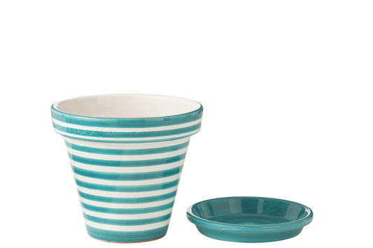 Flowerpot+Plate Granada Stripes Handmade/Handpainted Ceramic Aqua/White Large