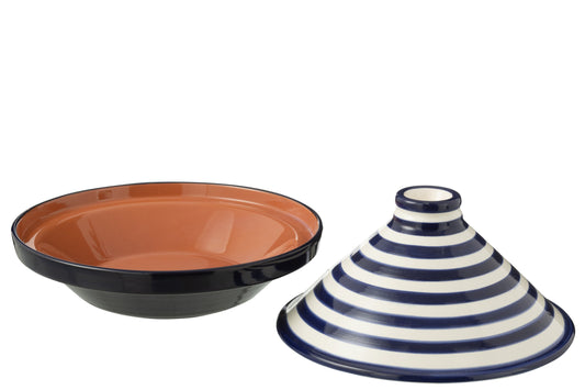 Tajine Granada strepen keramiek wit/Cobalto blauw