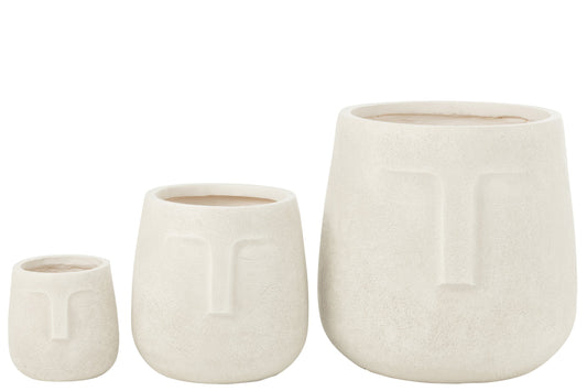 Set Of 3 Flowerpots Moai Clay White