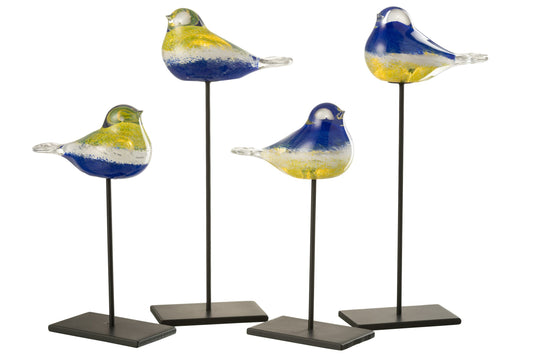 Bird On Foot Glass/Metal Blue/Yellow Large Assortment Of 2