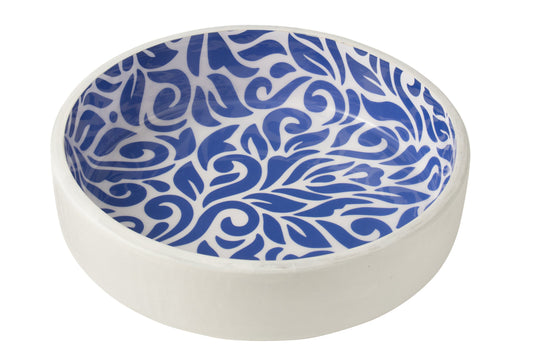 Saladekom bloemen patroon mango hout blauw/wit