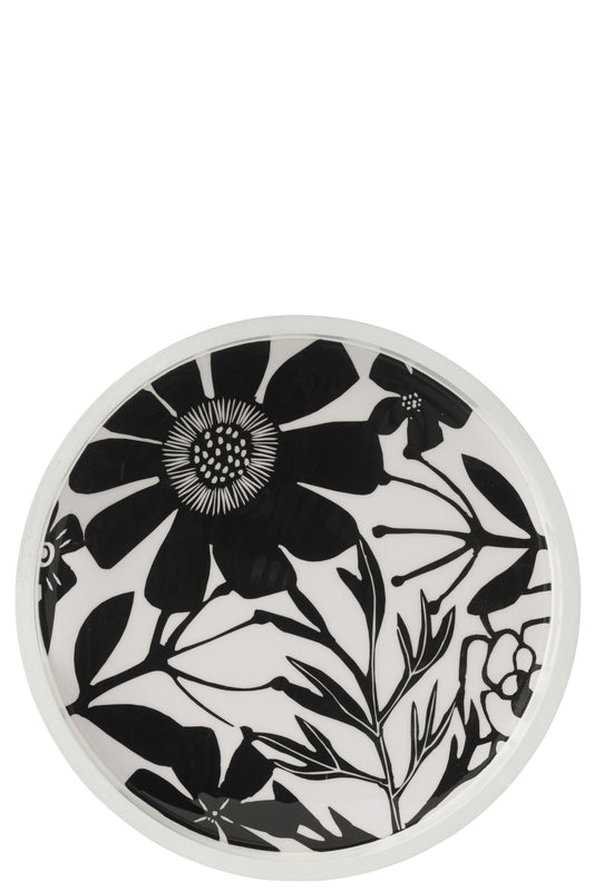 Dienblad rond met handvatten bloemen patroon mango hout zwart/wit