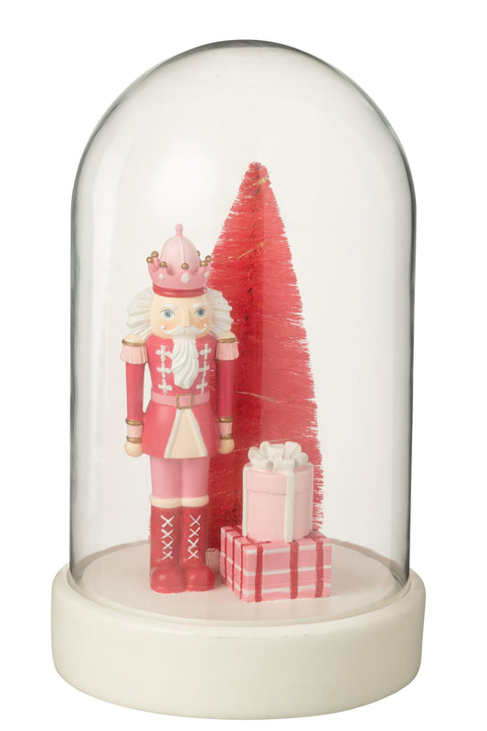 Decorative Bell Jar LED Nutcracker + Tree + Gifts Limepowder White/Pink