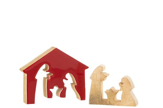 Nativity In House Mango Wood Christmas Red/Natural Medium