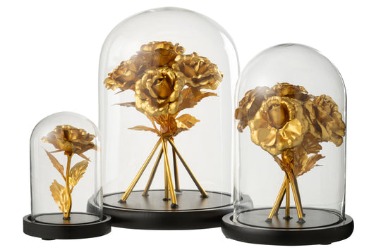 Decorative Bell Jar Bouquet Of Roses Glass Gold Colored/Black Large