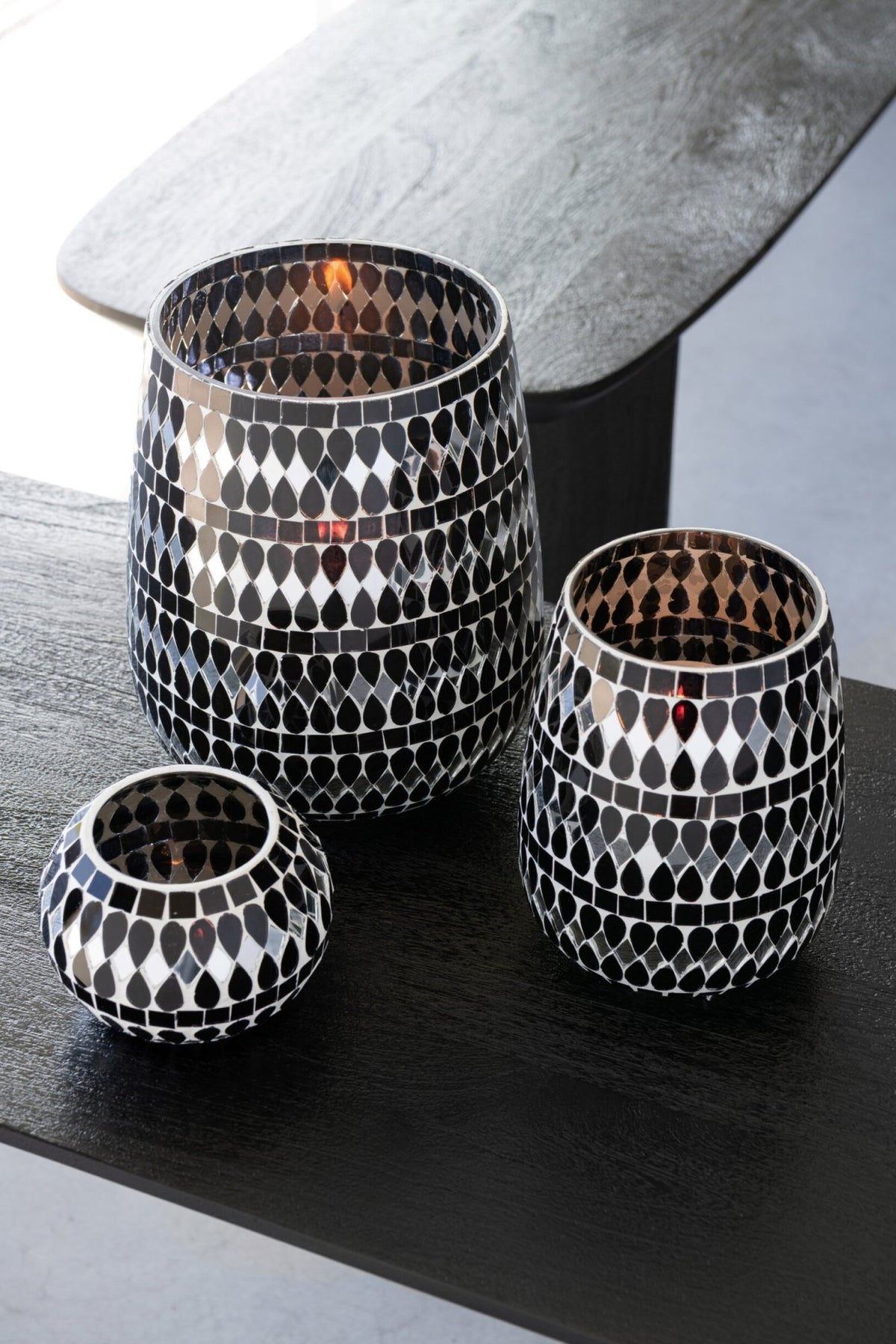 Theelichthouder Mozaïek Glas Zwart/Zilverkleurig Large
