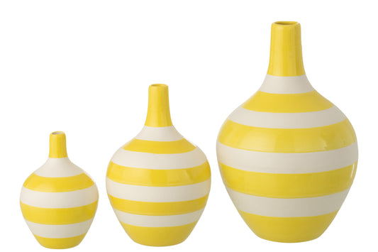 Set Of 3 Vase Striped Porcelain White/Yellow