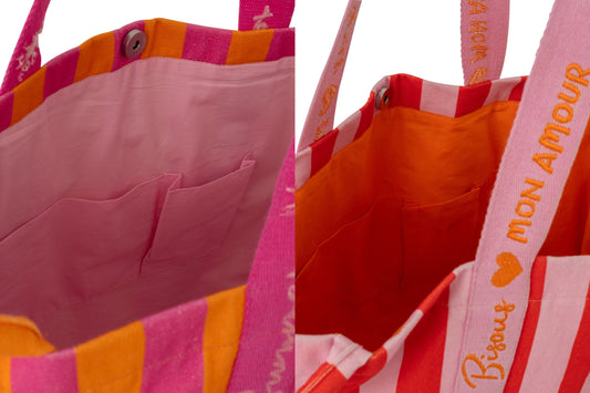 Strandtas zomer/Bisous gestreept katoen meerkleurig assortiment van 2