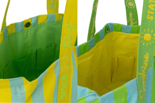 Strandtas sunshine/smile gestreept katoen meerkleurig assortiment van 2