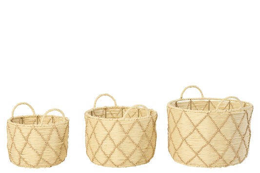 Set van 3 mand met handvat rond geruit papier naturel/beige
