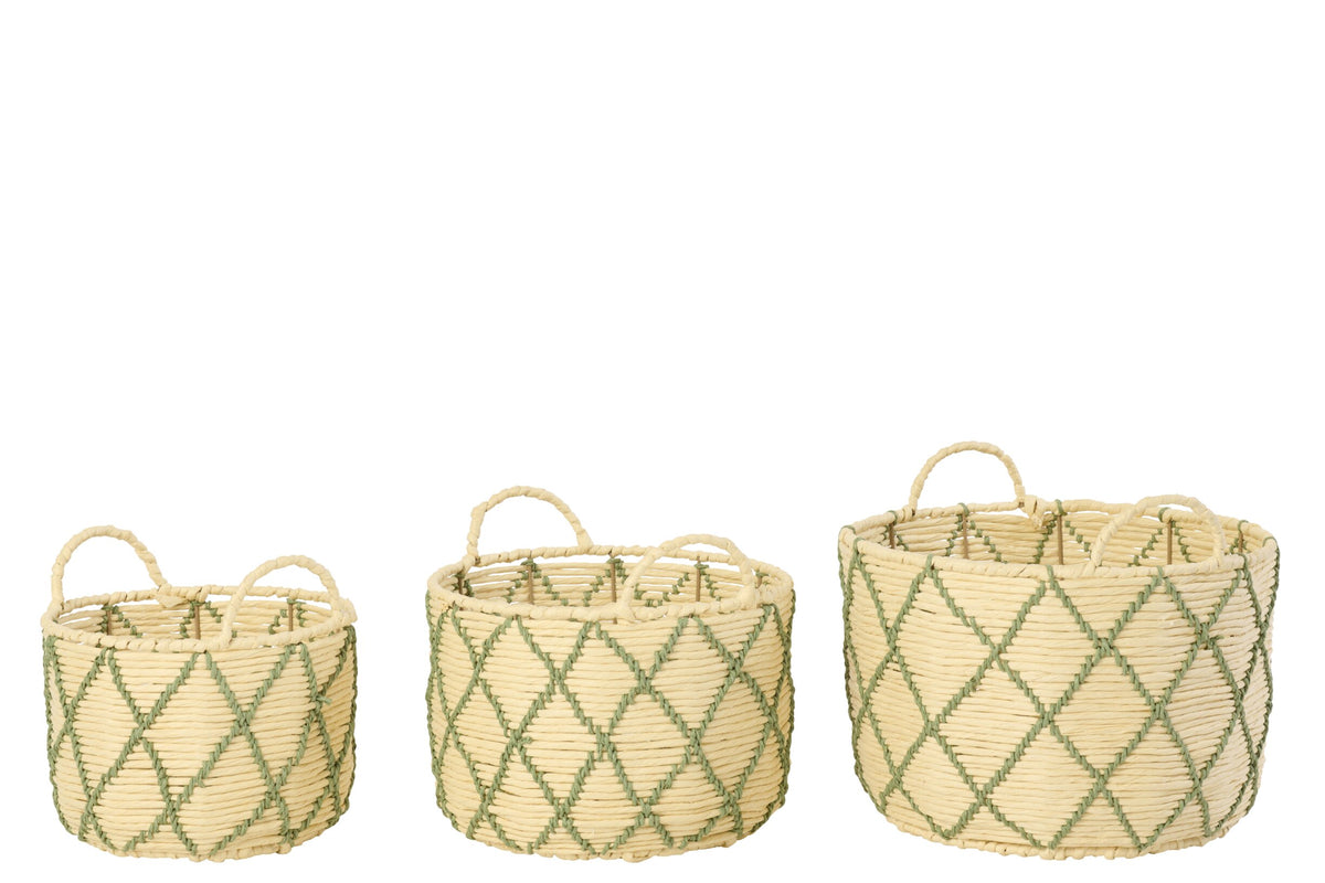 Set of 3 baskets with handles, round, checkered paper, natural/khaki green