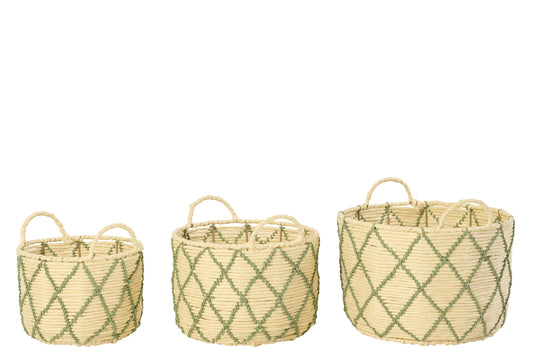 Set van 3 mand met handvat rond geruit papier naturel/kaki groen