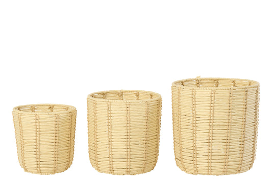 Set van 3 mand rond gestreept papier naturel/beige