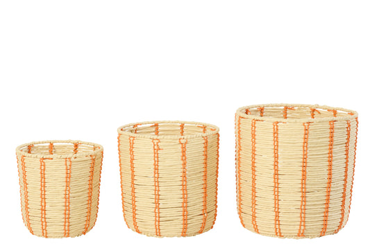 Lot de 3 paniers ronds en papier rayé naturel/orange
